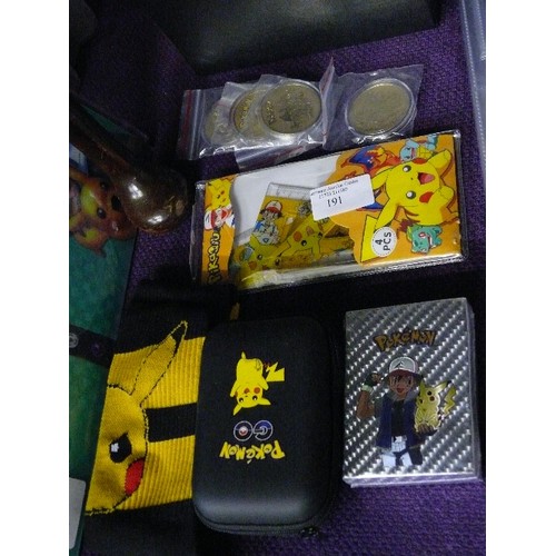 191 - POKEMON COLLECTION INCLUDING BOX OF 850 CARDS, A PACK OF SILVER METAL CARDS, A PAIR OF SOCKS, AN EMP... 