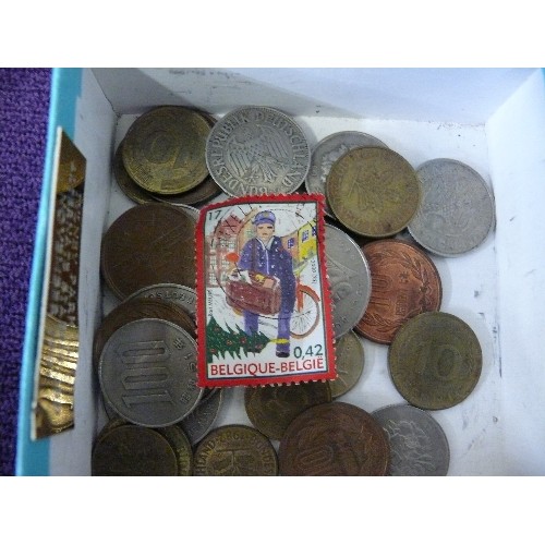 63 - TWO SMALL BOXES OF MIXED FOREIGN COINS PLUS A BELGIUM STAMP.