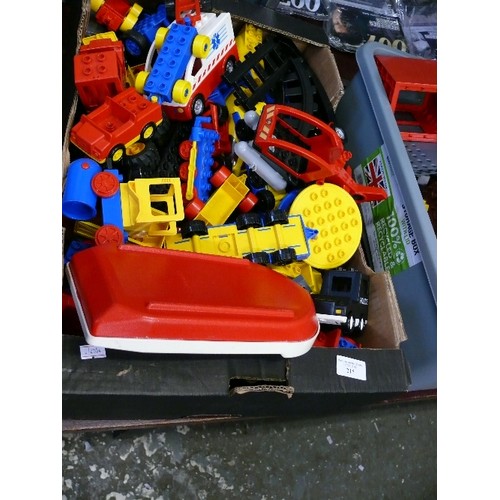 215 - LARGE BOX OF LEGO DUPLO AND PLAYMOBIL VEHICLES ETC.