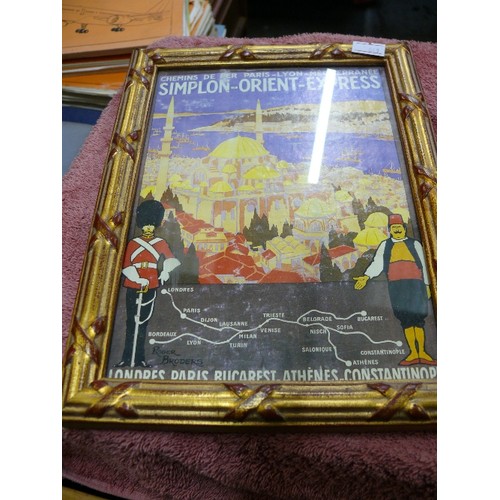 244 - A FRAMED AND GLAZED POSTER ADVERTISING THE ORIENT EXPRESS PLUS TWO ANTIQUE MENUS.