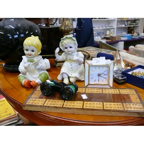 247 - MIXED LOT INCLUDING A PAIR OF VINTAGE OPERA GLASSES, A VERY PRETTY GOOD QUALITY TRAVEL CLOCK, A CRIB... 