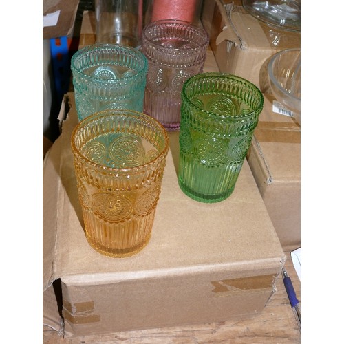 290 - NEW SET OF FOUR COLOURFUL GLASS TUMBLERS, BOXED.