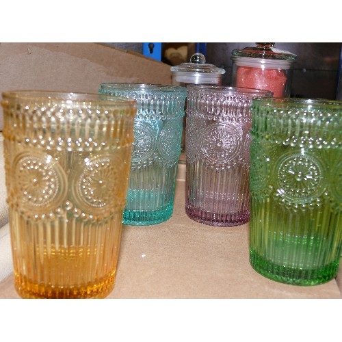 290 - NEW SET OF FOUR COLOURFUL GLASS TUMBLERS, BOXED.