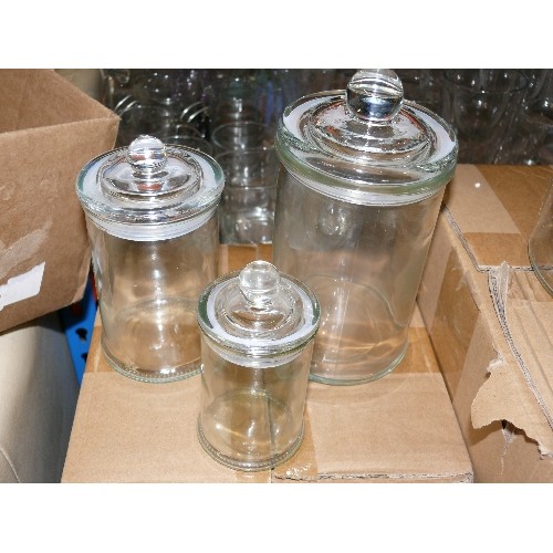 291 - SET OF THREE BATHROOM GLASS STORAGE JARS NEW AND BOXED.