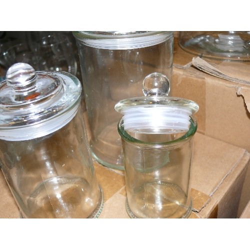 291 - SET OF THREE BATHROOM GLASS STORAGE JARS NEW AND BOXED.