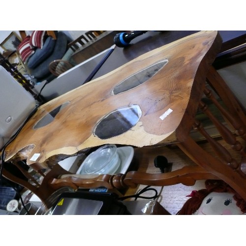 326 - DECORATIVE HANDMADE YEW WOOD COFFEE TABLE WITH GLASS INSERTS.