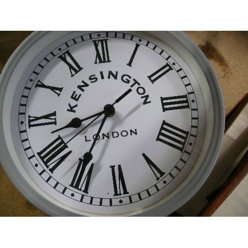 353 - KENSINGTON LONDON, REPLICA DOUBLE SIDED STATION CLOCK, IN WHITE AND GREY.