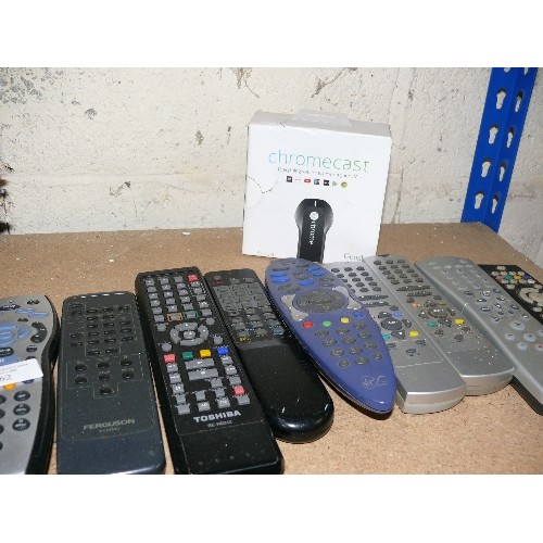 362 - SEVERAL MIXED REMOTE CONTROLS AND A CHROME CAST.