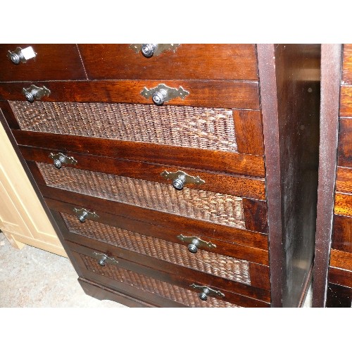 366 - CHEST OF DRAWERS 2/4 IN DARK WOOD WITH RATTAN FRONTED DRAWER PANELS, WELL MADE.