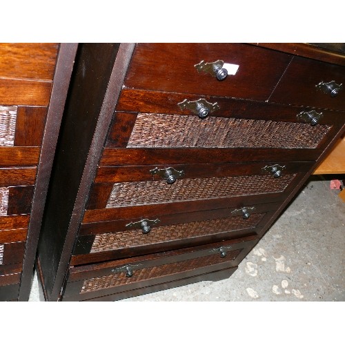 367 - CHEST OF DRAWERS 2/4 IN DARK WOOD WITH RATTAN FRONTED DRAWER PANELS, WELL MADE.