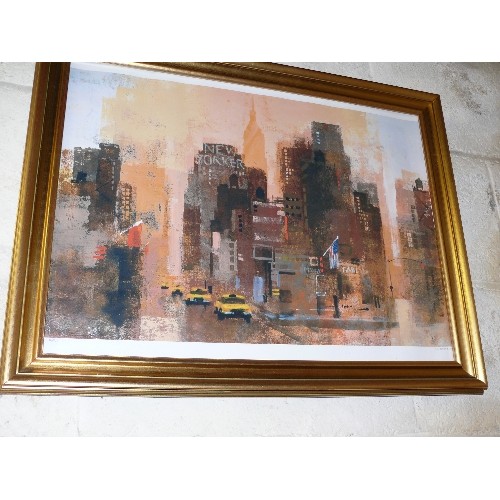 184C - NEW YORK CITY AND CABS SCENE PRINT BY COLIN RUFFELL, SET IN A GOLD FRAME.