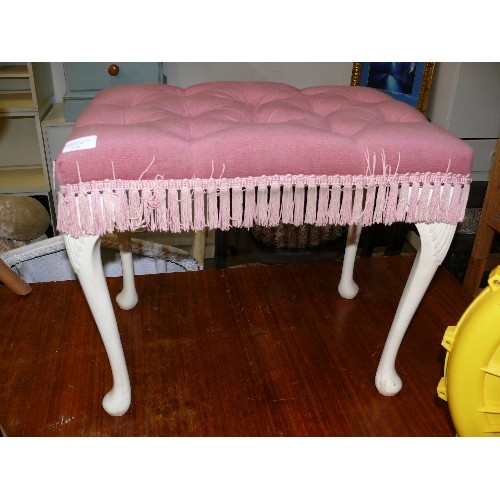 379 - BUTTON TOP STOOL AND A MODERN SPAYED LEG STOOL WITH WHITE VINYL TOP.