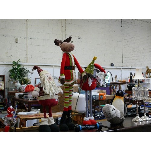 385 - THREE LARGE STANDING CHRISTMAS FIGURES - SANTA, REINDEER AND A MOUSE.