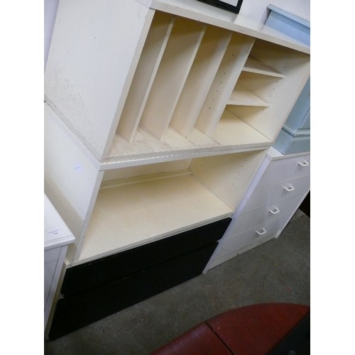 405 - CREAM RETRO MELAMINE STORAGE -LP'S/WRITING WITH SHELF AND TWO DRAWERS IN BLACK.