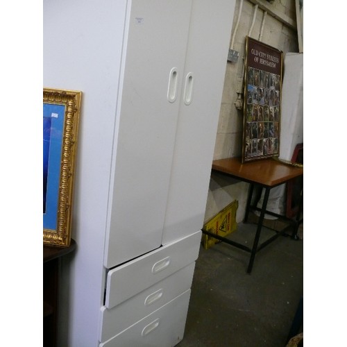 410 - WHITE BEDROOM UNIT.  SMALL TWO DOOR WARDROBE WITH THREE DRAWER CHEST OF DRAWERS UNDERNEATH.