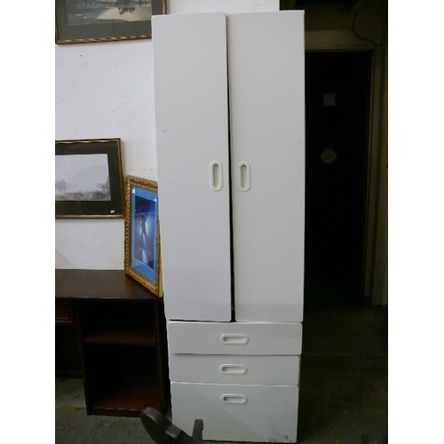 410 - WHITE BEDROOM UNIT.  SMALL TWO DOOR WARDROBE WITH THREE DRAWER CHEST OF DRAWERS UNDERNEATH.