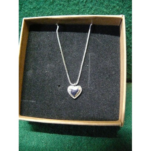 11 - SILVER CHAIN WITH HEART PENDANT, BOXED.