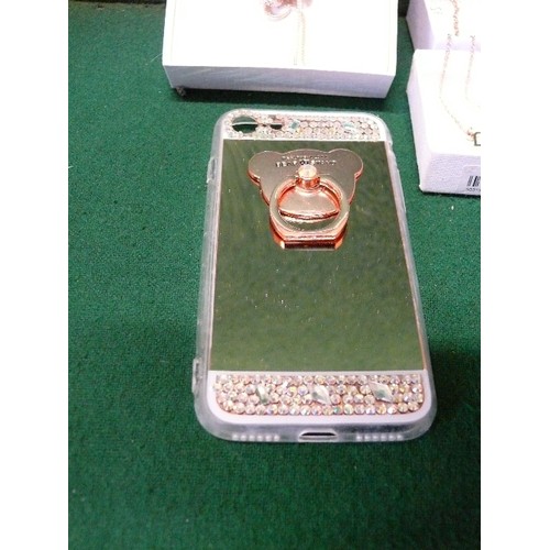 15 - ROSE GOLD METAL COSTUME JEWELLERY - TO INCLUDE A 'LOVE' NECKLACE AND MOBILE PHONE BACK COVER.