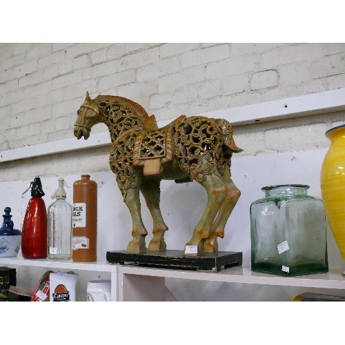 18 - LARGE CHUNAR HORSE SCULPTURE IN SOFT CINNAMON RED WITH A VERDE PATINA. 21