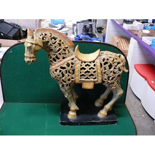 18 - LARGE CHUNAR HORSE SCULPTURE IN SOFT CINNAMON RED WITH A VERDE PATINA. 21