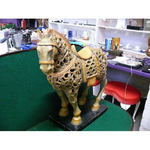 18 - LARGE CHUNAR HORSE SCULPTURE IN SOFT CINNAMON RED WITH A VERDE PATINA. 21