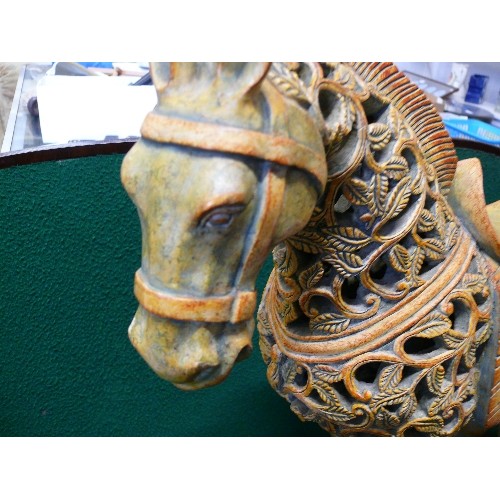 18 - LARGE CHUNAR HORSE SCULPTURE IN SOFT CINNAMON RED WITH A VERDE PATINA. 21