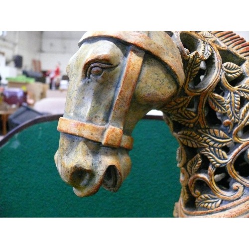 18 - LARGE CHUNAR HORSE SCULPTURE IN SOFT CINNAMON RED WITH A VERDE PATINA. 21