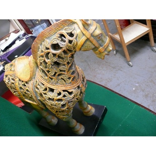 18 - LARGE CHUNAR HORSE SCULPTURE IN SOFT CINNAMON RED WITH A VERDE PATINA. 21