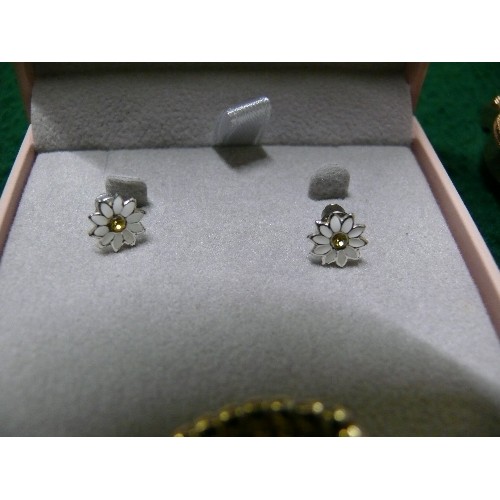 16 - A PAIR OF ENAMEL DAISY STUD EARRINGS, A RING PLUS TWO WATCHES.