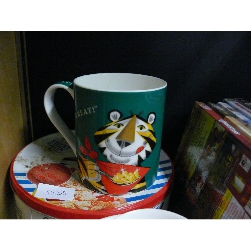 355B - KELLOGGS FROSTIES TIN AND A MUG GR RRRR EAT AND CEREAL BOWL AND AN EEYORE MUG.