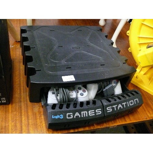 379C - PLAYSTATION CONSOLE AND TWO CONTROLLERS IN A LOGIK THREE GAMES STATION CASE.