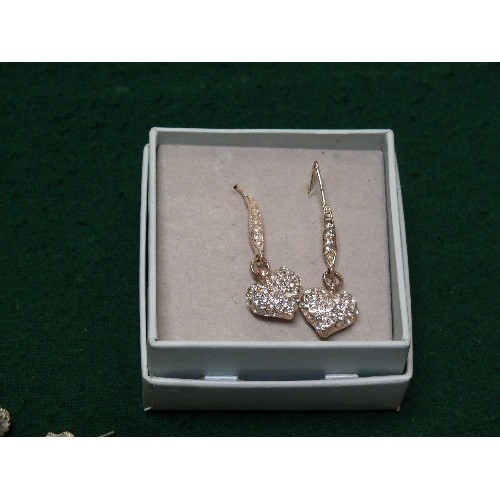 7 - TWO PAIRS OF STUD DIAMANTE EARRINGS AND A PAIR OF DIAMANTE HEART DROP EARRINGS.