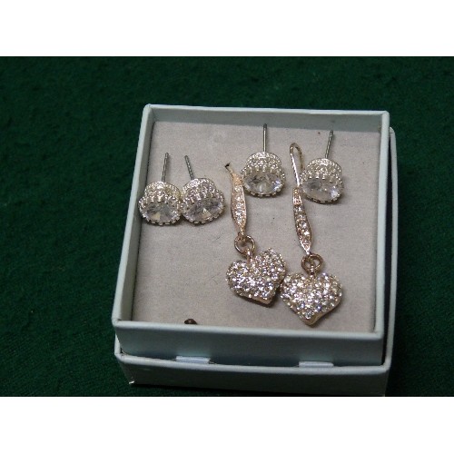 7 - TWO PAIRS OF STUD DIAMANTE EARRINGS AND A PAIR OF DIAMANTE HEART DROP EARRINGS.