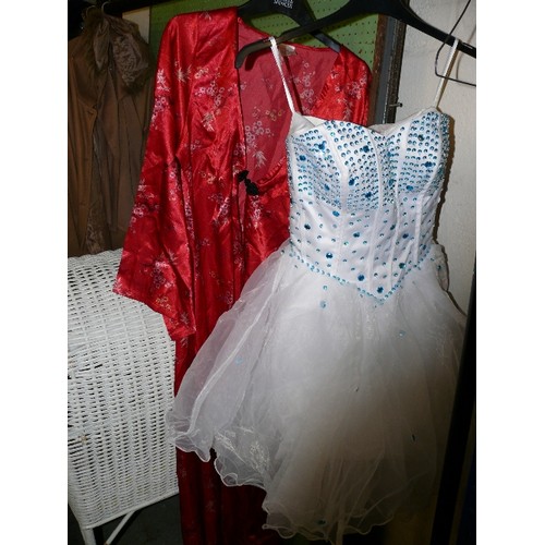 360A - DRESS WITH A HEAVILY EMBELLISHED TOP AND A TULE SKIRT, SMALL SIZE PLUS A SATIN PINK DRESSING GOWN.