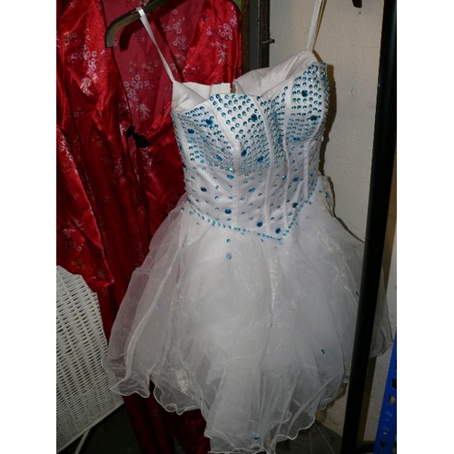 360A - DRESS WITH A HEAVILY EMBELLISHED TOP AND A TULE SKIRT, SMALL SIZE PLUS A SATIN PINK DRESSING GOWN.