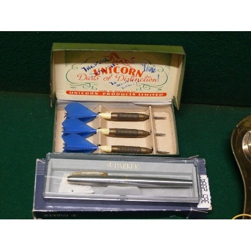 64 - A VINTAGE CRUMB TRAY, SET OF UNICORN DARTS, A DRAWING SET AND A PARKER FOUNTAIN PEN.