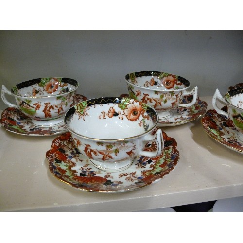 72 - EASTERN STYLE FLORAL CHINA SIX TEA CUPS AND SAUCERS.