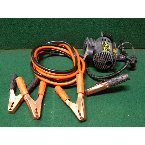 86 - 250 PSI TYRE AIR COMPRESSOR 12 VOLT WITH SET NEW JUMP LEADS.