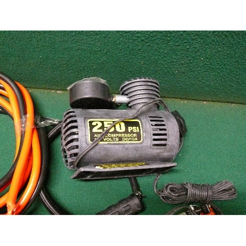 86 - 250 PSI TYRE AIR COMPRESSOR 12 VOLT WITH SET NEW JUMP LEADS.