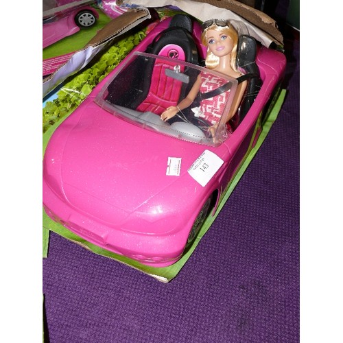 143 - BARBIE GLAM CONVERTIBLE CAR AND DOLL, NEW WITH PACKAGING.