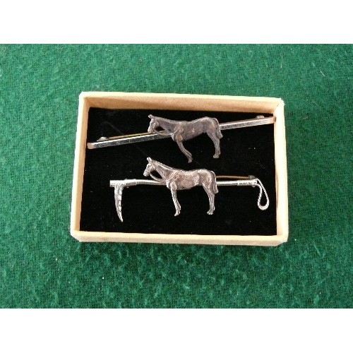 15 - TWO SILVER COLOURED HORSE BAR BROOCHES.