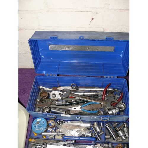161 - PLASTIC TOOL BOX WITH A LARGE QUANTITY OF TOOLS SPANNERS, SOCKETS ETC.