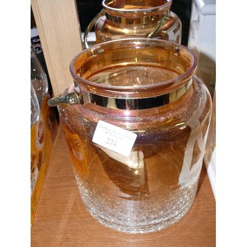 274 - LARGE GLASS CANDLE JAR WITH CRACKLE EFFECT DECORATION.