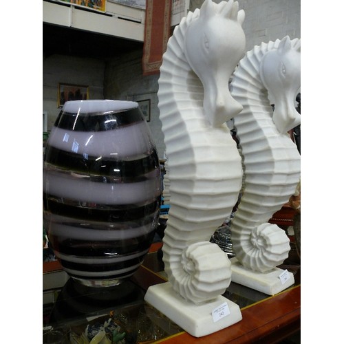 262 - A LARGE VERY NICE, HEAVY WHITE MARBLE SEAHORSE.