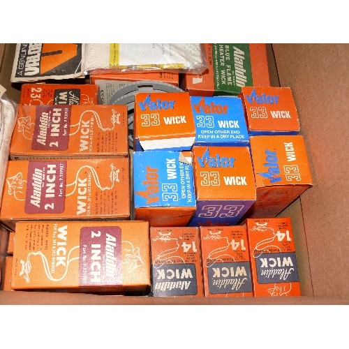 242 - BOX OF VARIOUS PARAFFIN HEATER SPARES INC WICKS/FLAME SPREADERS/BLUE FLAME.