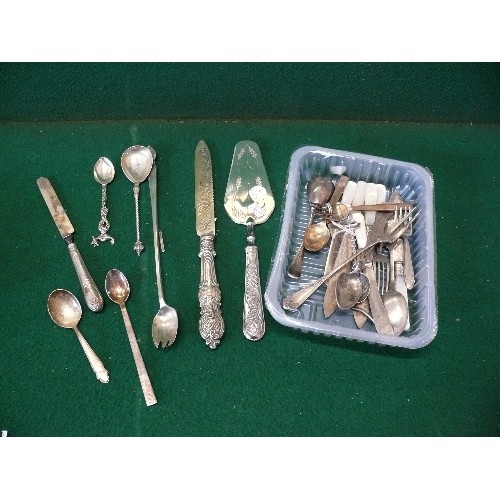 8 - Tub of vintage silver and silver plated cutlery including a Victorian dessert knife with silver blad... 
