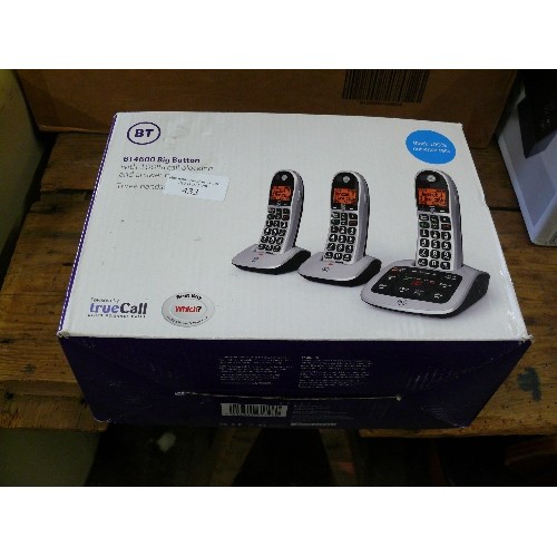 433 - BOXED BT BT4600 BIG BUTTON TRIO HANDSET PHONES.