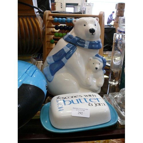 292 - A POLAR BEAR BISCUIT BARREL AND A BUTTER DISH, BY THE OLD POTTERY COMPANY.