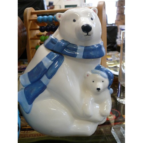 292 - A POLAR BEAR BISCUIT BARREL AND A BUTTER DISH, BY THE OLD POTTERY COMPANY.