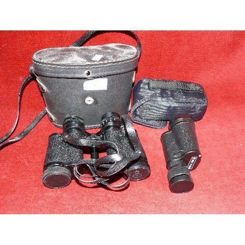 269 - A PAIR OF CASED BINOCULARS  AND A CASED MONOCULAR.